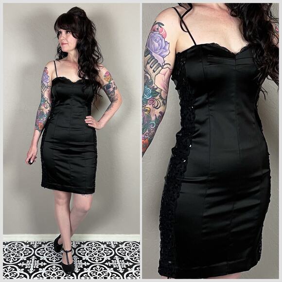 Vintage Dresses & Skirts - Vintage Y2K Black Sequins Lace Bodycon Mini Dress